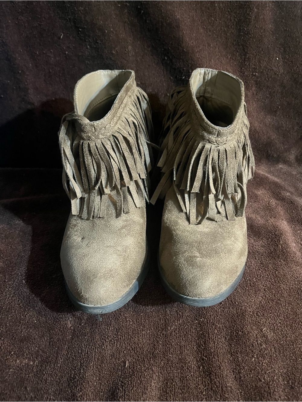 Nature Breeze Taupe Suede Fringe Moccasin Ankle Booties